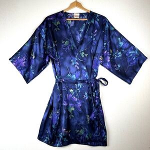Katherine Bishop Floral Satin Wrap Dressing Robe Vintage
